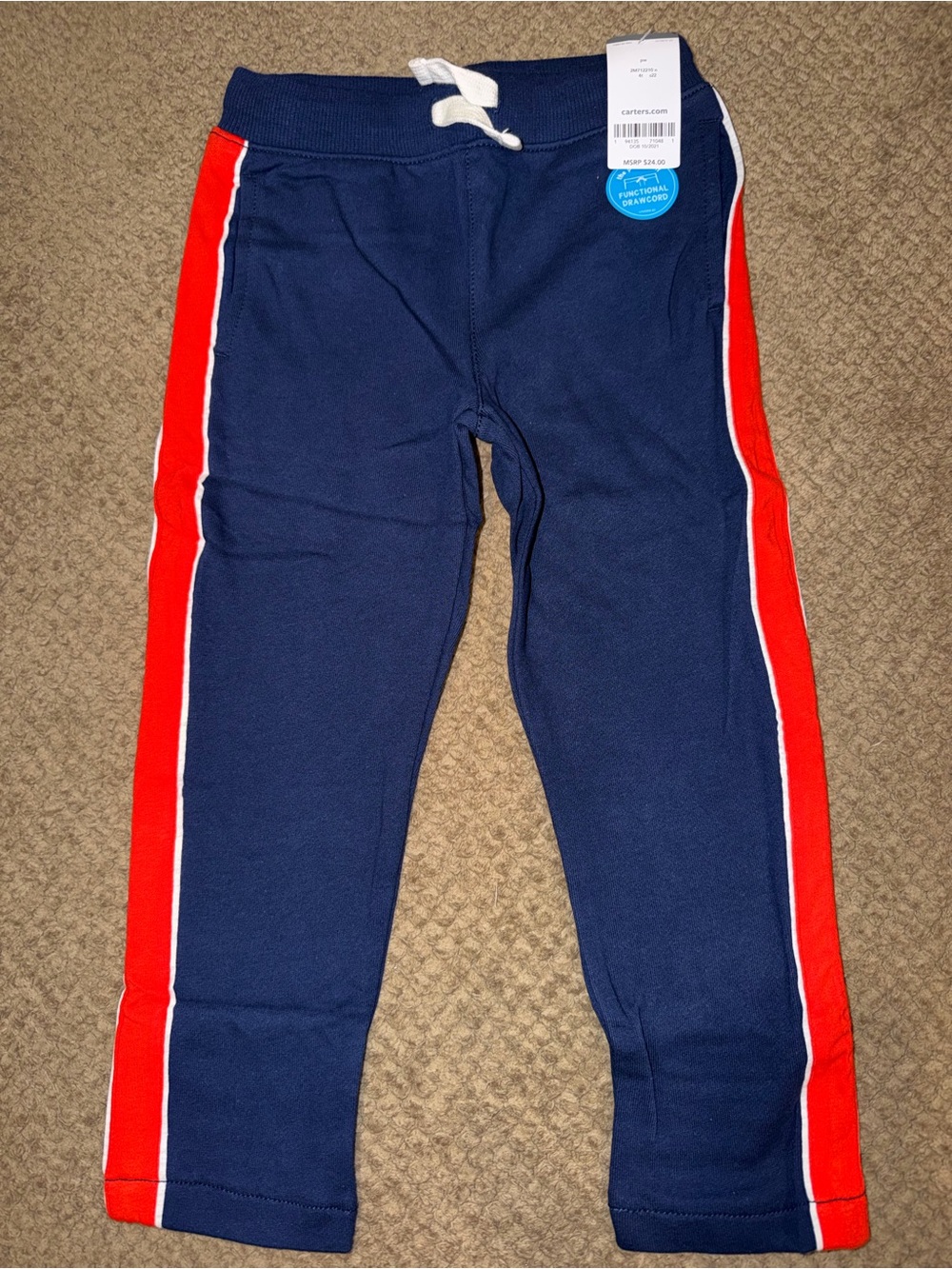 Carter's Boy’s Navy Blue 100% Cotton Sweatpants with Red Side Stripes - 4T